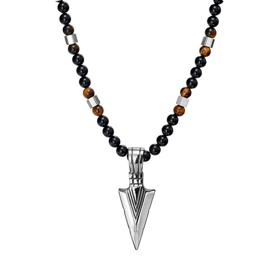 Blaze men’s stainless steel arrow pendant with black onyx and tiger eye bead necklace