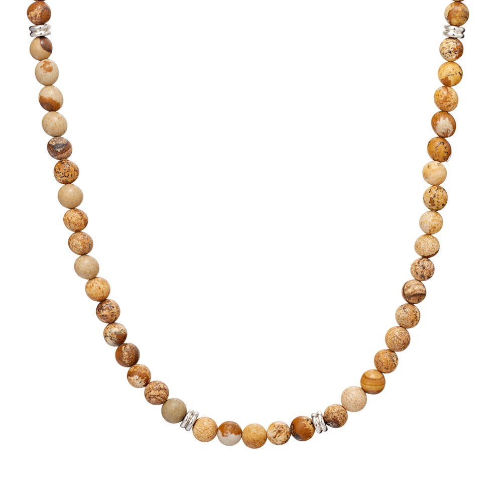 Blaze men’s natural jasper bead necklace with stainless steel details and lobster clasp