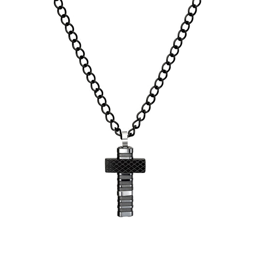 Blaze stainless steel men’s mixed pattern cross necklace with matte black chain