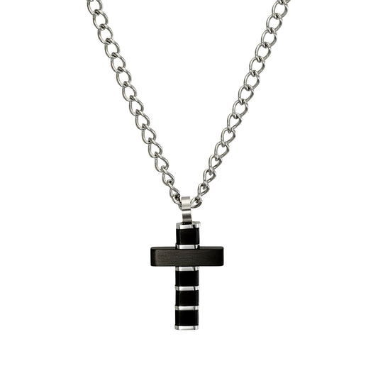 Blaze men’s flat black and stainless steel cross pendant necklace with curb chain
