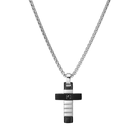 Blaze men’s shiny stainless steel and matte black cross pendant necklace