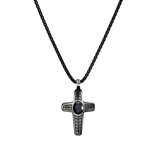 Blaze men’s black stainless steel round edge patterned cross pendant necklace