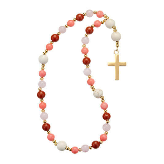 Veri stainless steel soft pink, red, pink, white and gold bead Anglican rosary with gold cross
