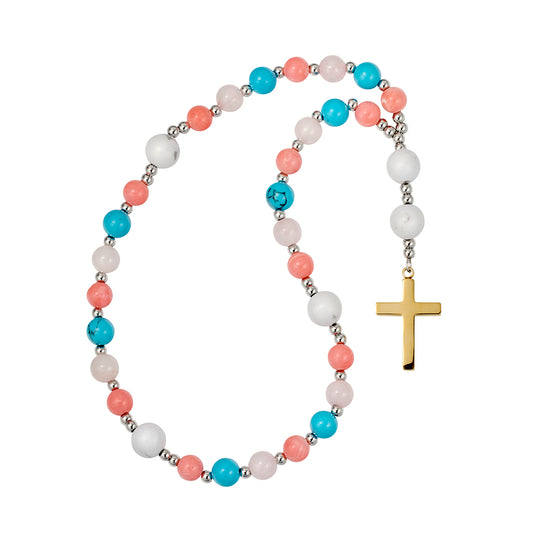 Veri stainless steel coral, turquoise and white onyx bead Anglican rosary with gold cross