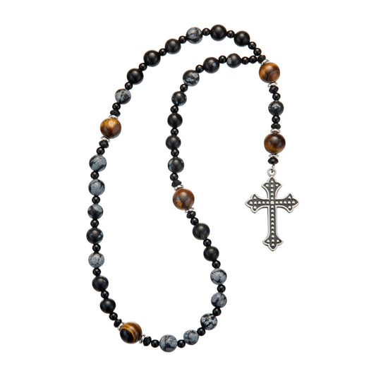 Veri stainless steel tiger eye, black and dark grey bead Anglican rosary with antique cross