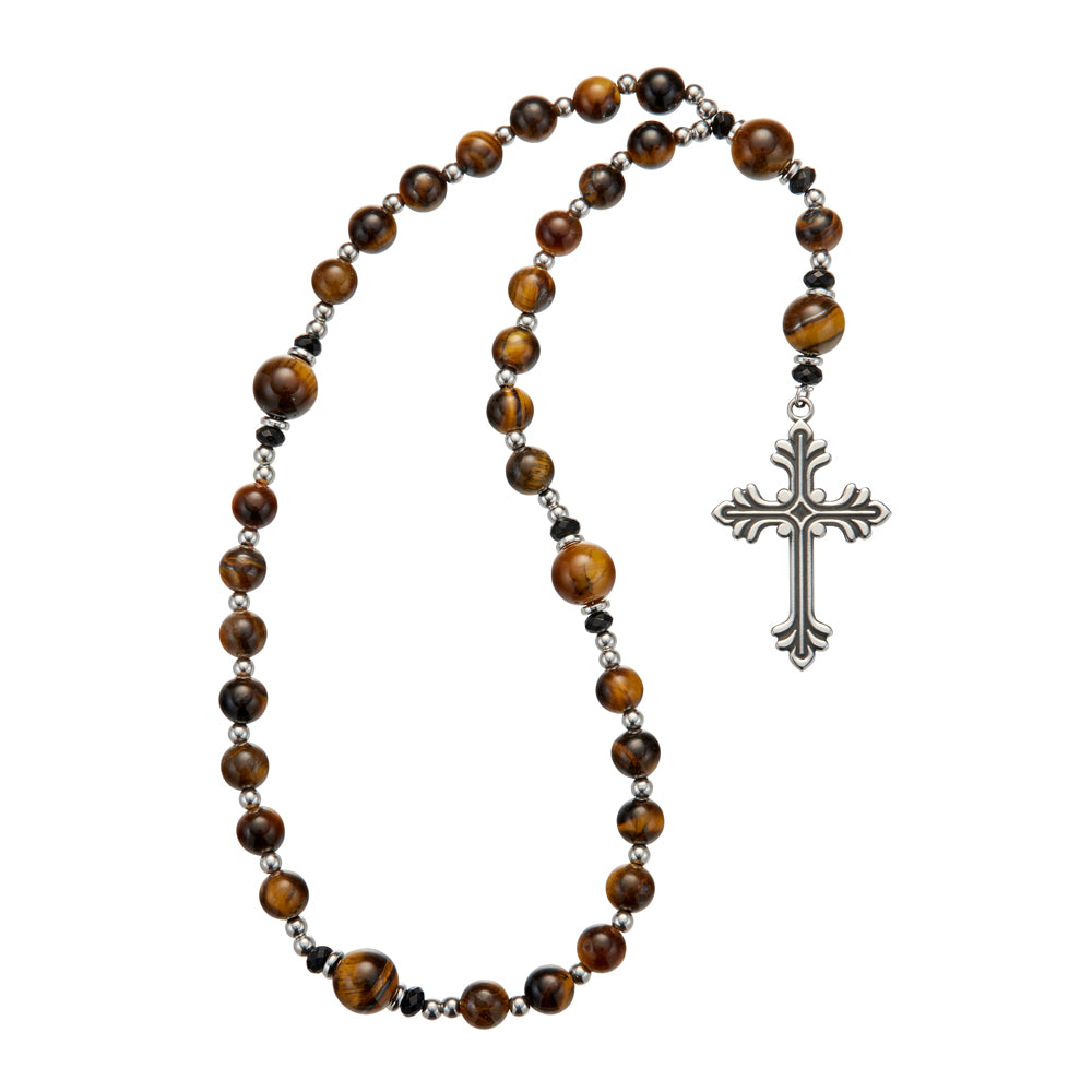 Veri stainless steel tiger eye, black and silver bead Anglican rosary with antique cross