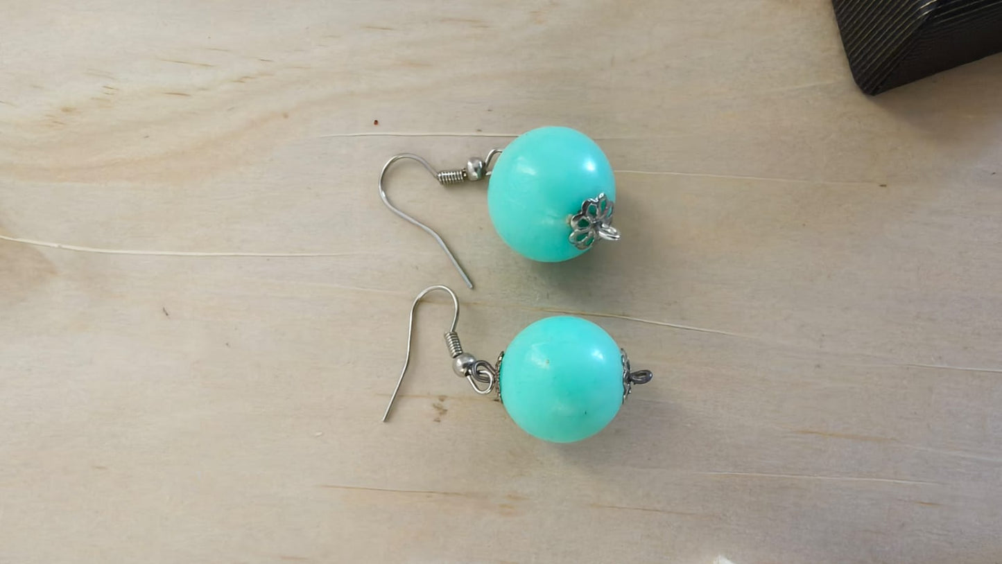 Mint Green Round Globe Bead French Wire Dangle Earrings Costume Jewelry