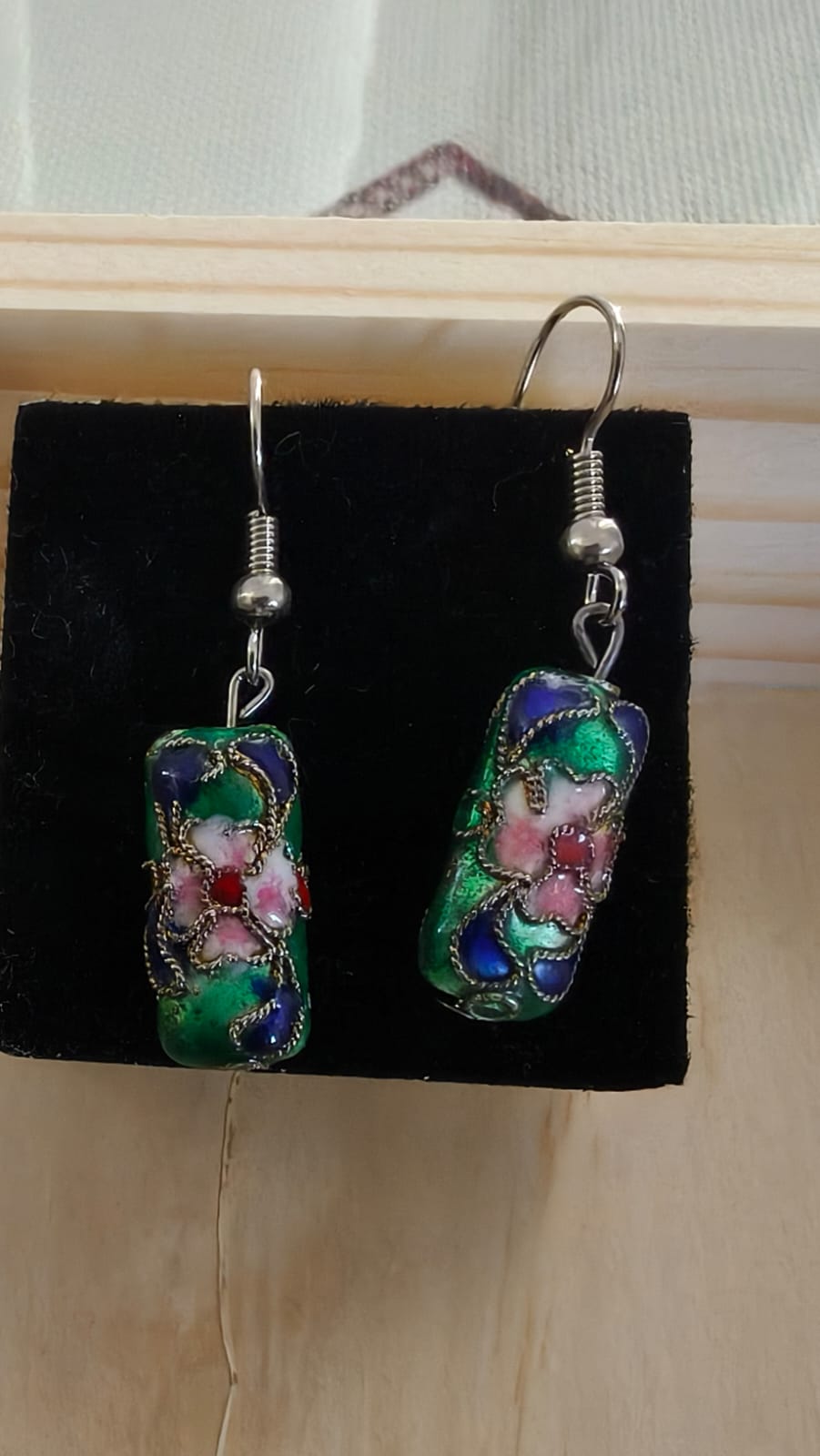 Vintage Style Cloisonné Enamel Floral Cylinder Drop Earrings Green Blue Pink