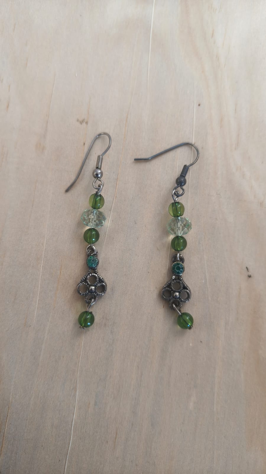 Green Beaded Dangle Drop Earrings Vintage Silver Tone Boho Fashion Jewellery