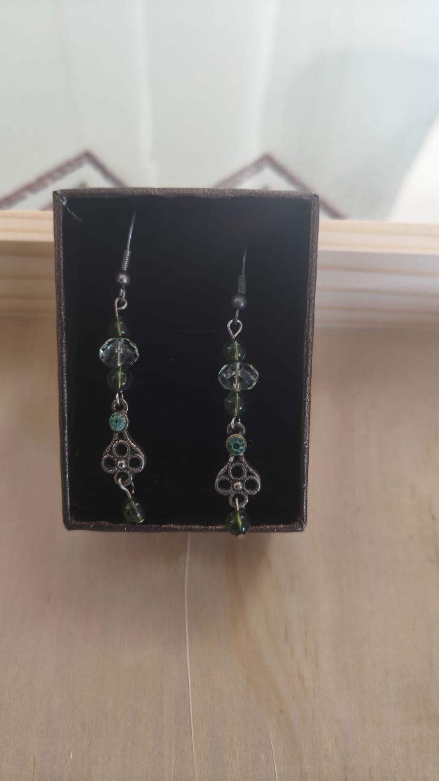 Green Beaded Dangle Drop Earrings Vintage Silver Tone Boho Fashion Jewellery