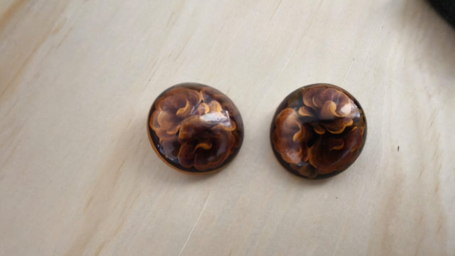 Vintage Hand Painted Round Wooden Floral Clip On Earrings With Autumn Colors