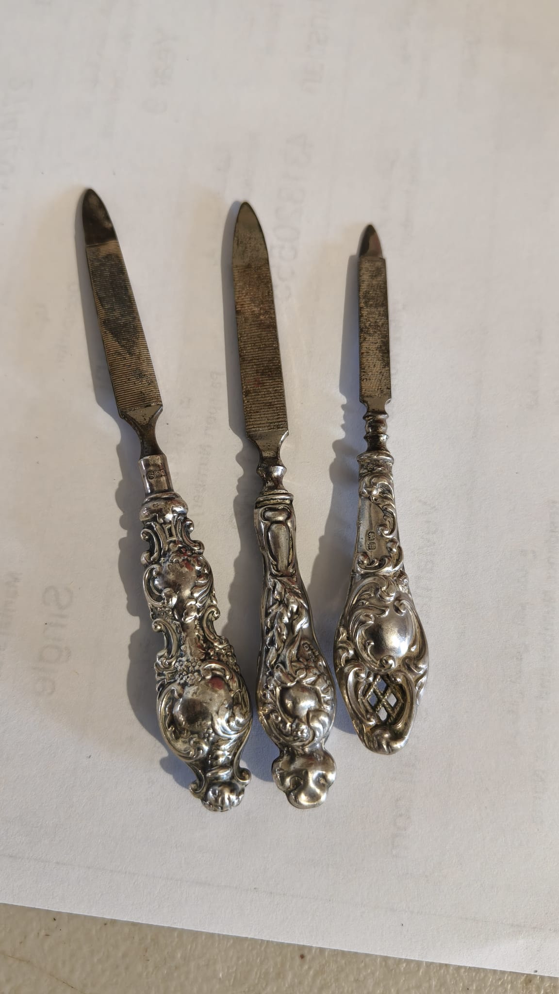 Antique Edwardian Sterling Silver Nail Files Set Three Ornate Floral Handles