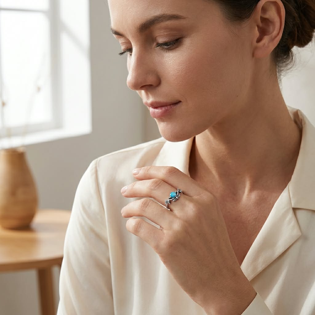 Anillo de hoja de plata de ley con circonita cúbica y ópalo de imitación
