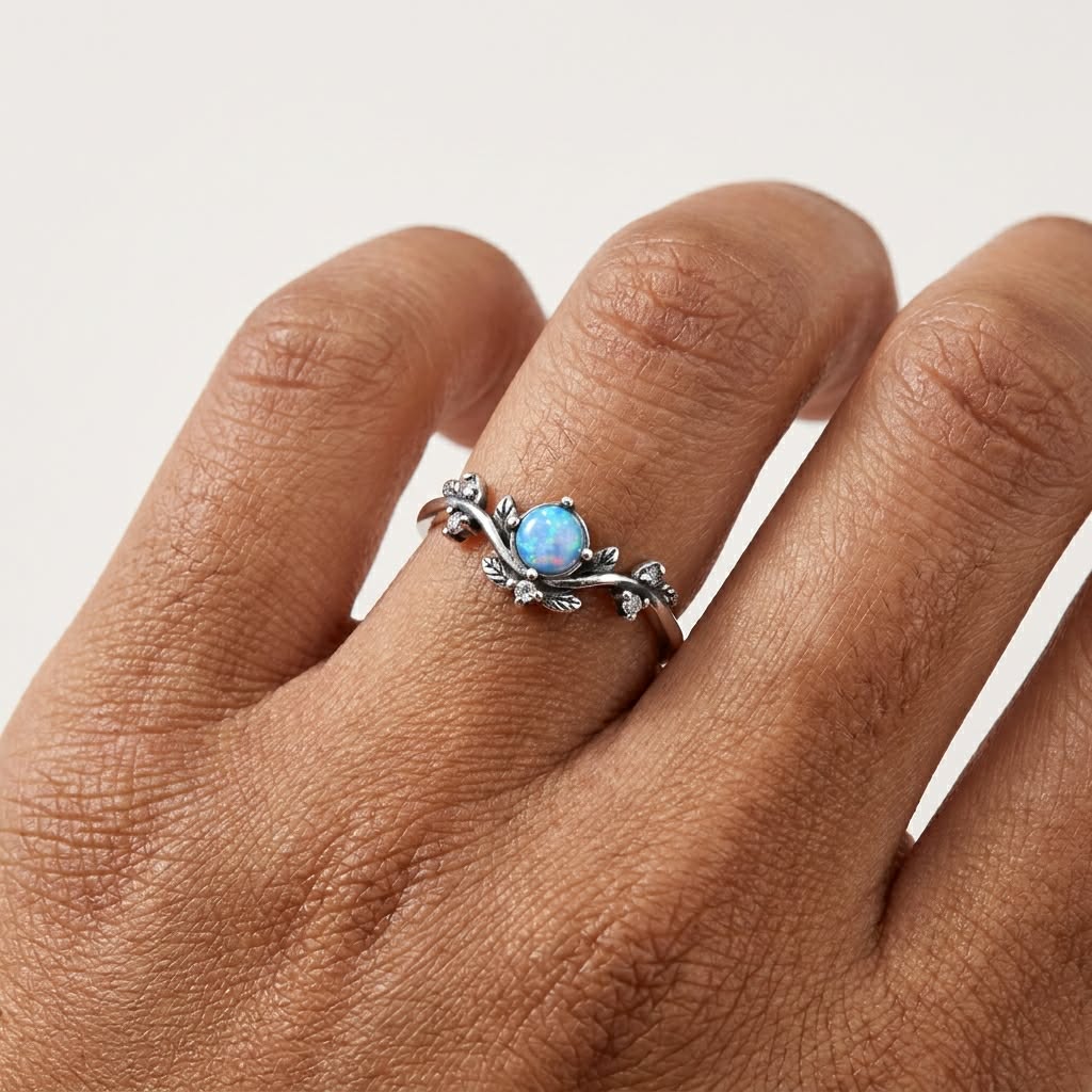 Anillo de hoja de plata de ley con circonita cúbica y ópalo de imitación