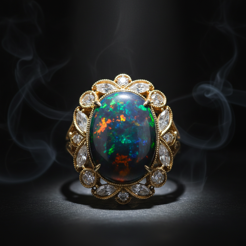 18K Gold Black Opal Cocktail Ring, 4.5ct Lightning Ridge Opal with Diamond Halo