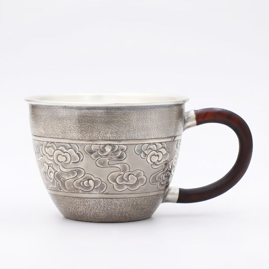 Pure 999 Fine Silver Elegant  Cloud-patterned Cup with Wooden Handle-Premium Master Cup - Handicraft