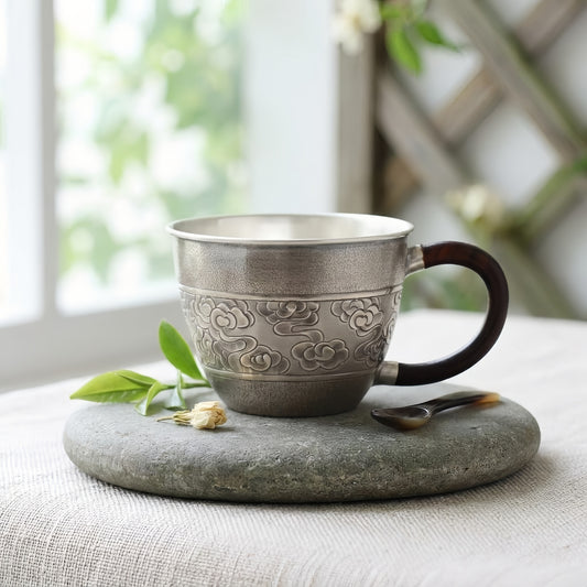 Pure 999 Fine Silver Elegant  Cloud-patterned Cup with Wooden Handle-Premium Master Cup - Handicraft