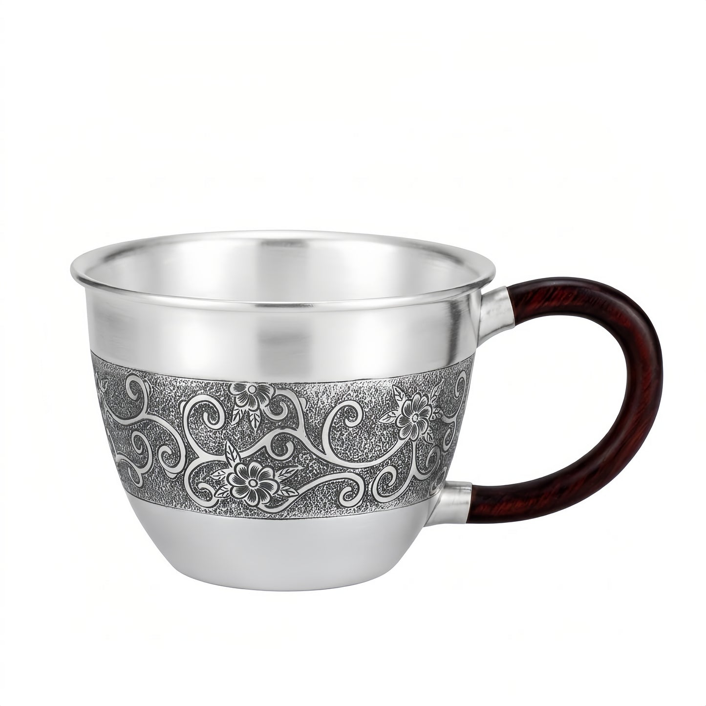 999 Fine Silver Teacup with Wooden Handle and Floral Engraving