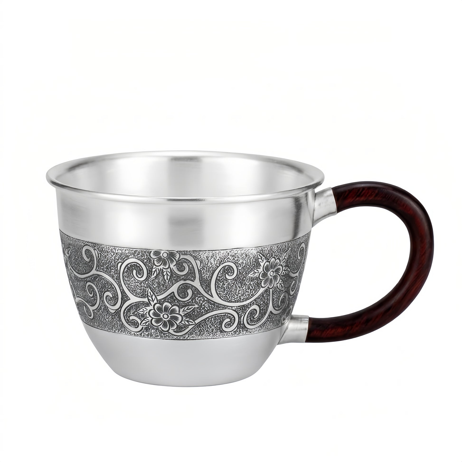 999 Fine Silver Teacup with Wooden Handle and Floral Engraving