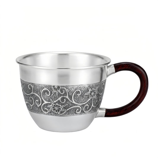 Pure 999 Fine Silver Elegant  Cup with Wooden Handle and Floral Engraving-Premium Master Cup - Handicraft