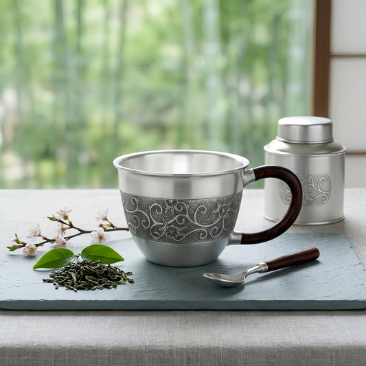Pure 999 Fine Silver Elegant  Cup with Wooden Handle and Floral Engraving-Premium Master Cup - Handicraft
