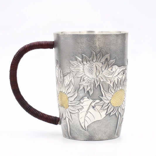 Pure 999 Fine Silver Elegant  Sunflower Mug with Wooden Handle-Premium Master Cup - Handicraft