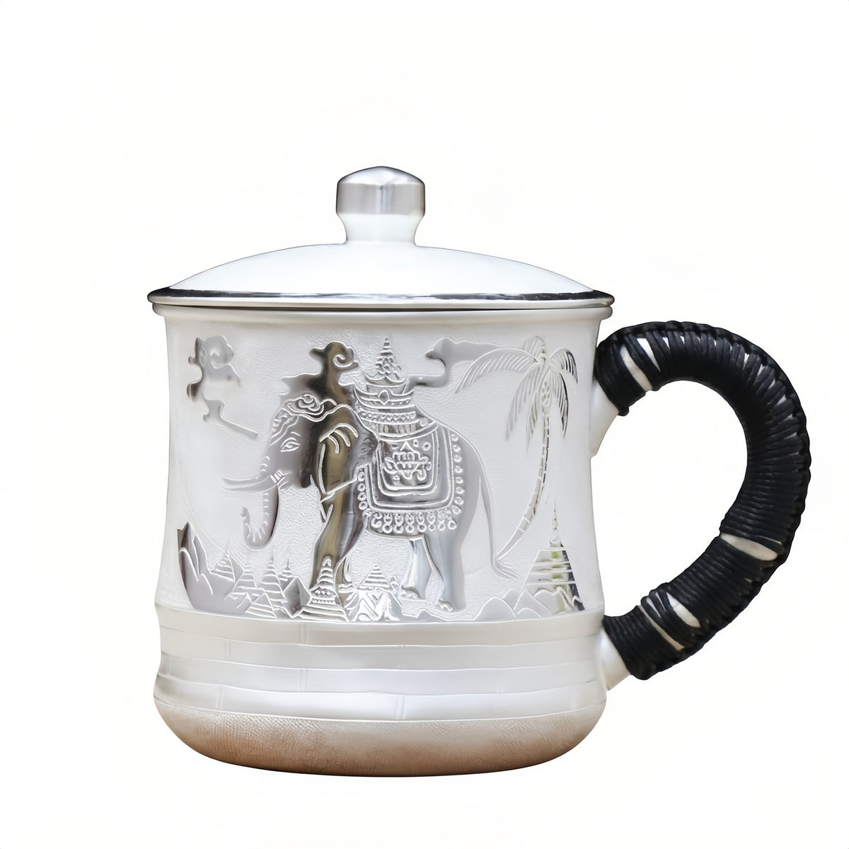 White porcelain mug with elephant temple engraving and silver-tone rimmed lid, 500ml
