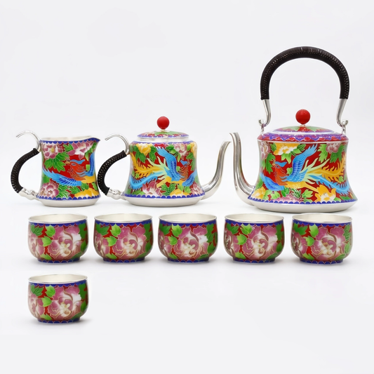 925 Sterling Silver Enamel Phoenix Dragon Teapots with Floral Patterns and Vibrant Colors - Handicraft