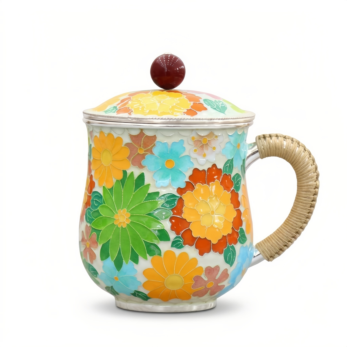 Floral porcelain tea mug with silver-tone rim, lid and woven bamboo handle, 430ml