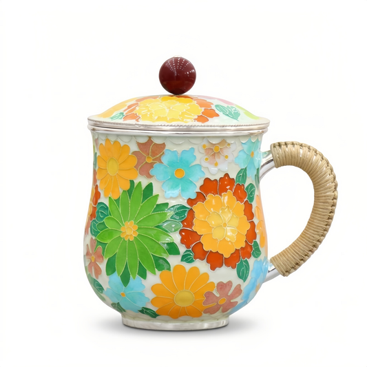 Floral porcelain tea mug with silver-tone rim, lid and woven bamboo handle, 430ml