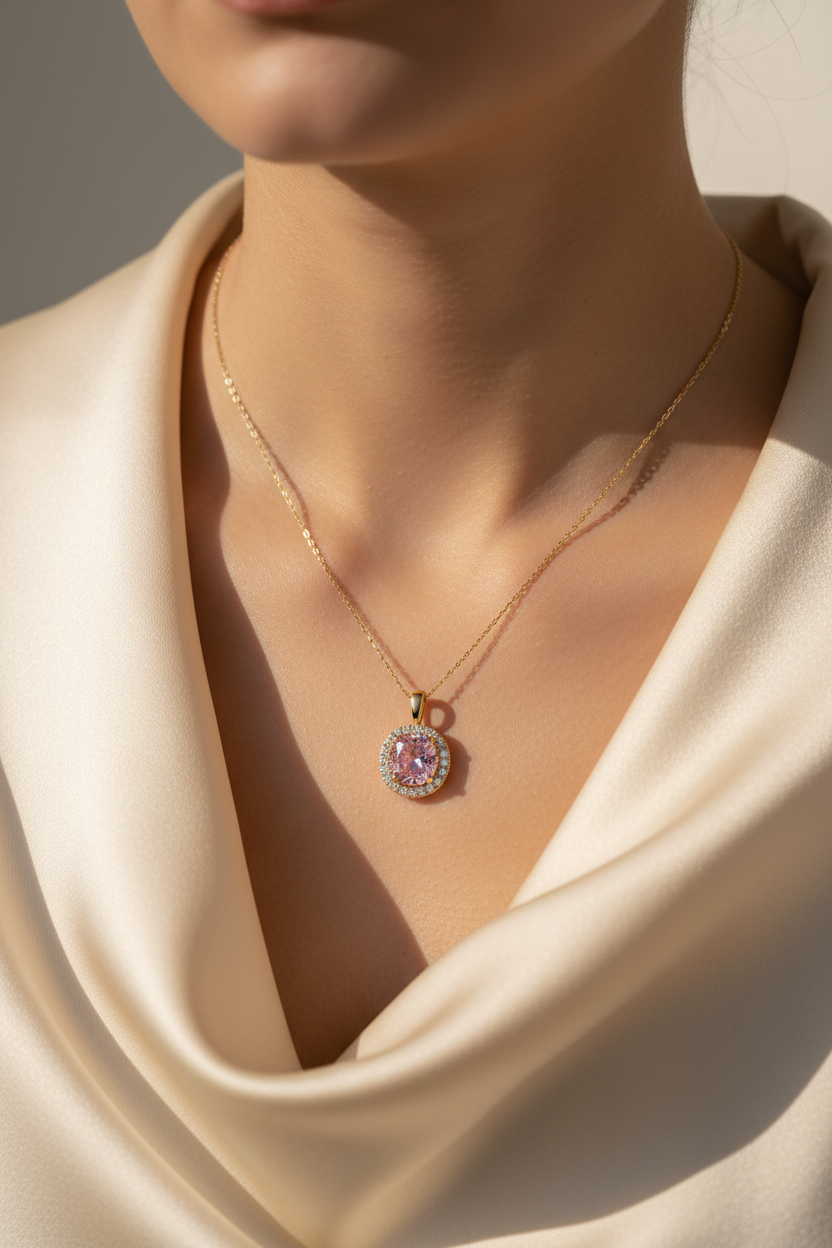 Lifestyle shot of 18k gold pink diamond pendant necklace worn on elegant neckline