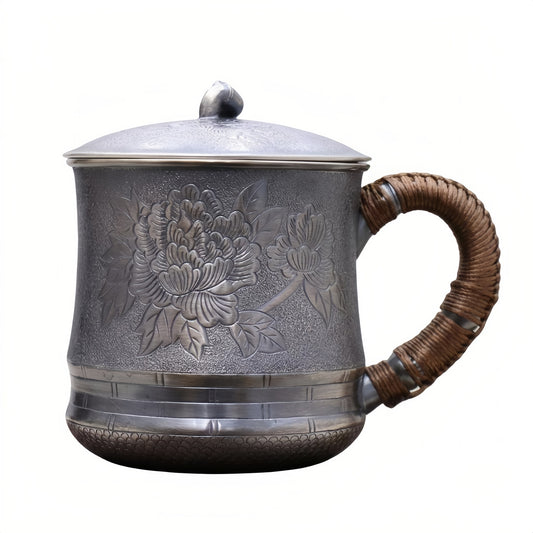 Pure 999 Fine Silver Elegant  Peony Mug with Woven Handle-Premium Tea Mug - Handicraft