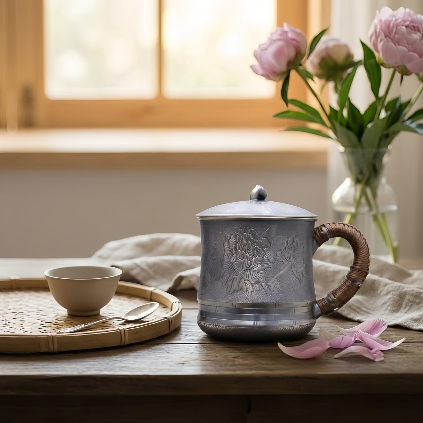999 Fine Silver Peony Mug with Lid, 450 ml