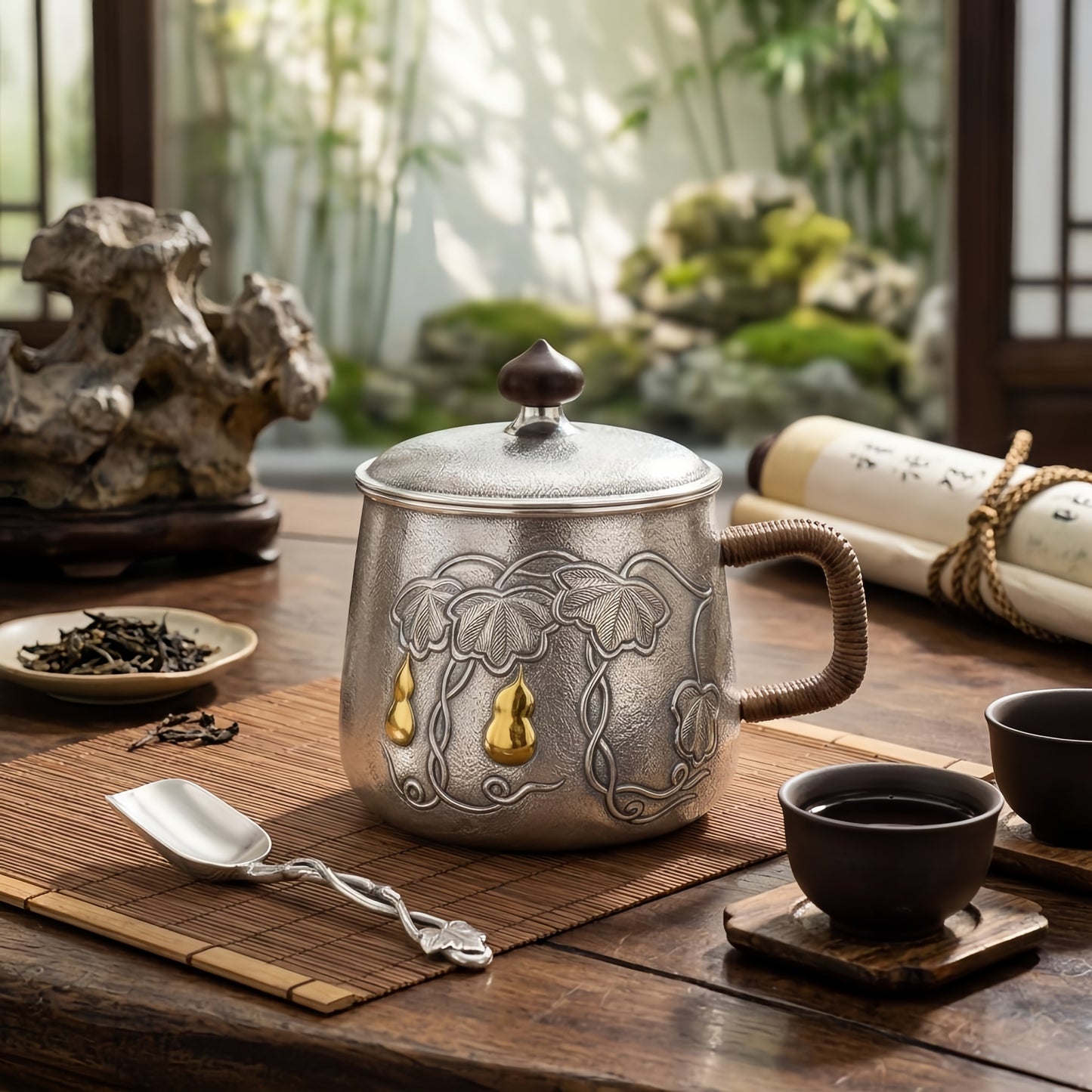 999 Fine Silver Gourd Tea Mug with Gold Accents