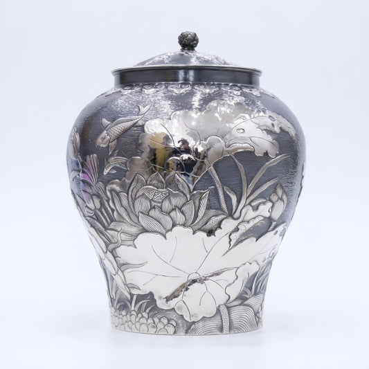 925 Sterling Silver Ornate Silver Repoussé Jar Featuring Exquisite Hand-Carved Lotus and Koi Fish Motifs - Handicraft