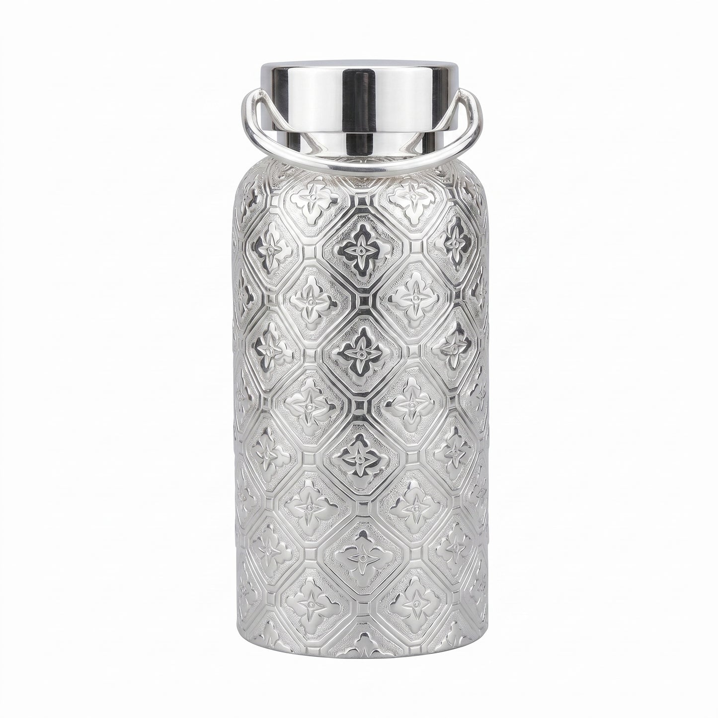 925 Sterling Silver Flask Set with CZ & Floral Engraving