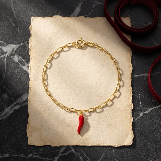 Sterling silver 2MM paperclip chain bracelet with “spicy red” Cornicello charm