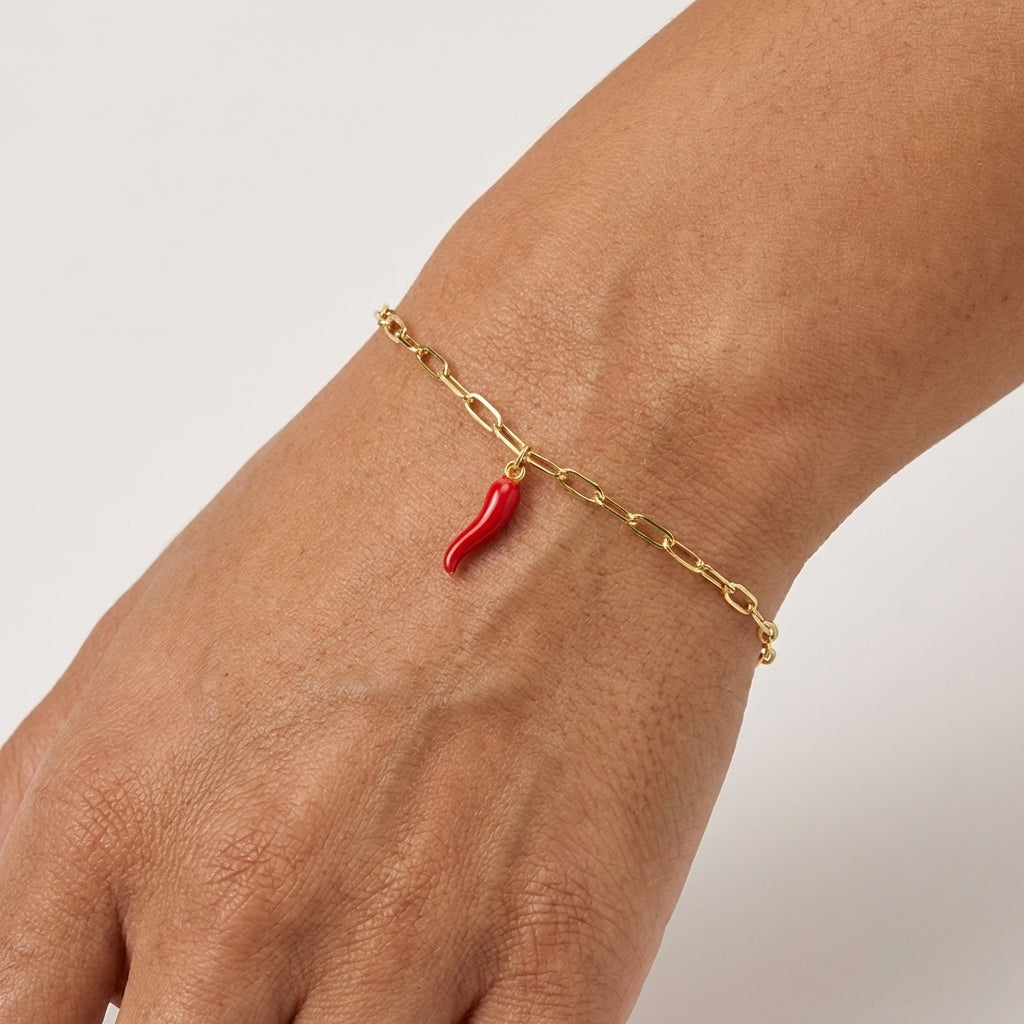Pulsera de cadena de eslabones de plata de ley de 2 MM con amuleto de cornicello "rojo picante"