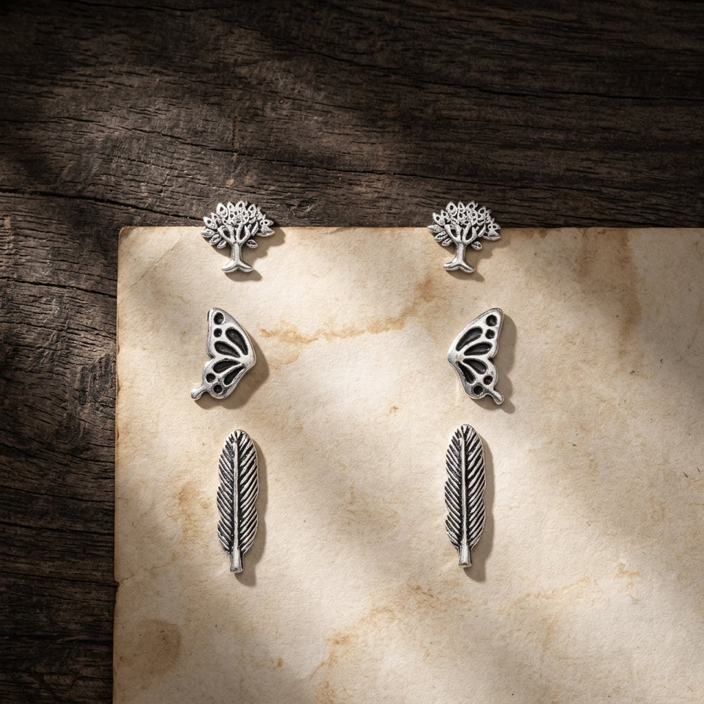 Pendientes de Naturaleza Oxidada en Plata Presentados en Tarjeta