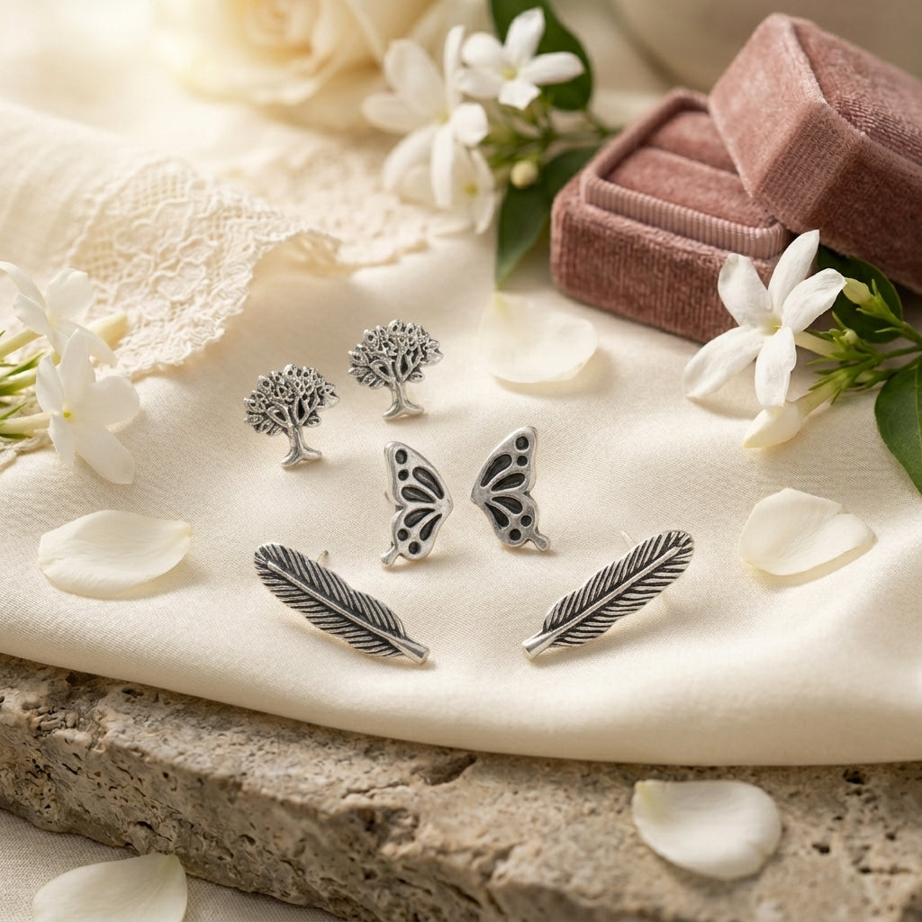 Pendientes de Naturaleza Oxidada en Plata Presentados en Tarjeta