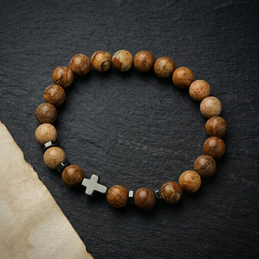 Blaze stainless Jasper beaded stone elastic bracelet with steel cross pendant