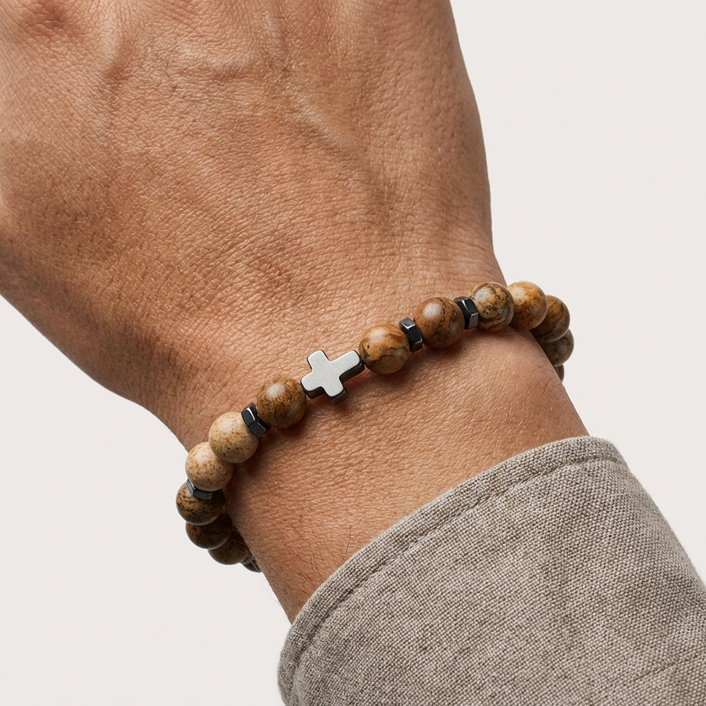 Blaze stainless Jasper beaded stone elastic bracelet with steel cross pendant