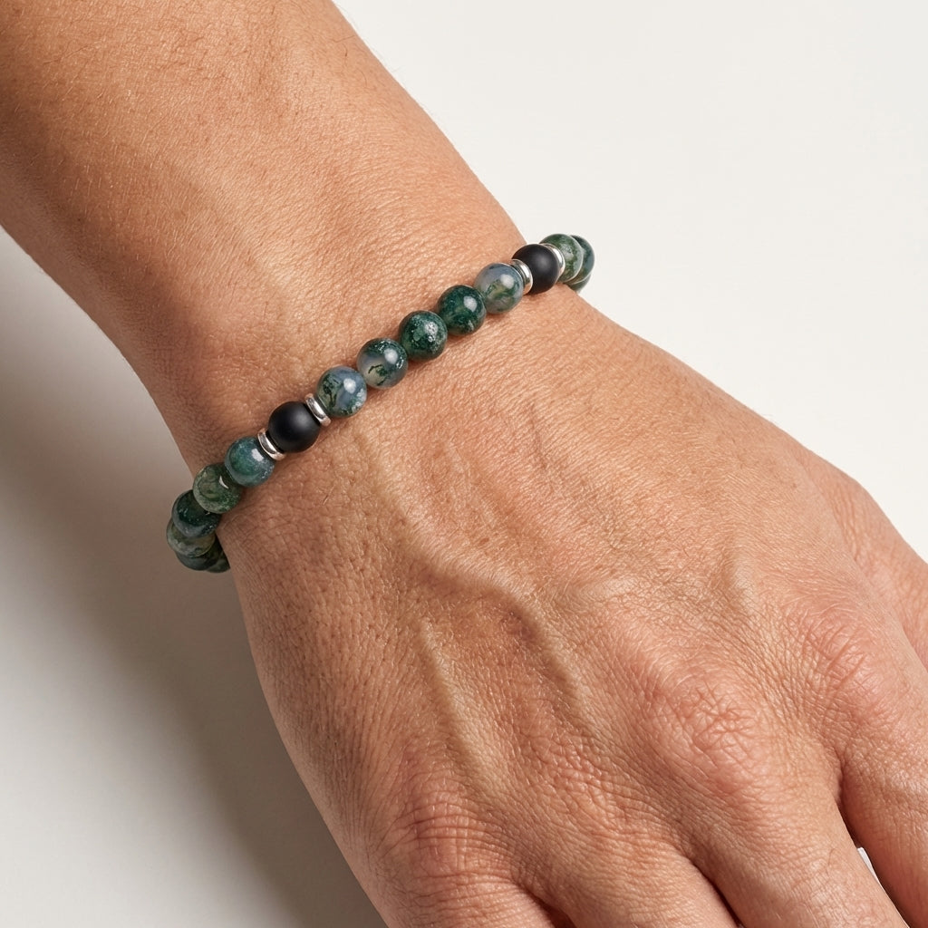 Blaze stainless steel men’s onyx and agate bead bracelet