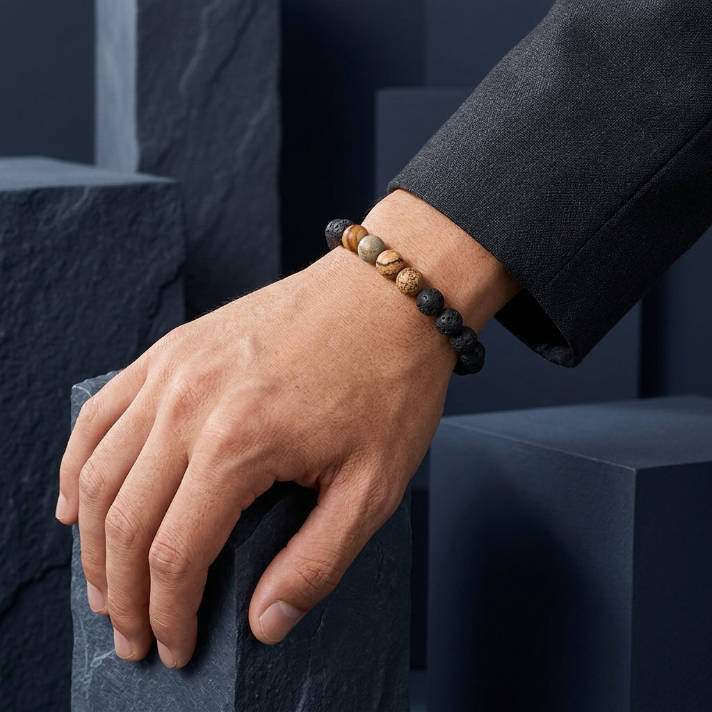 Blaze Stainless steel men’s black stone bracelet featuring band of natural stone