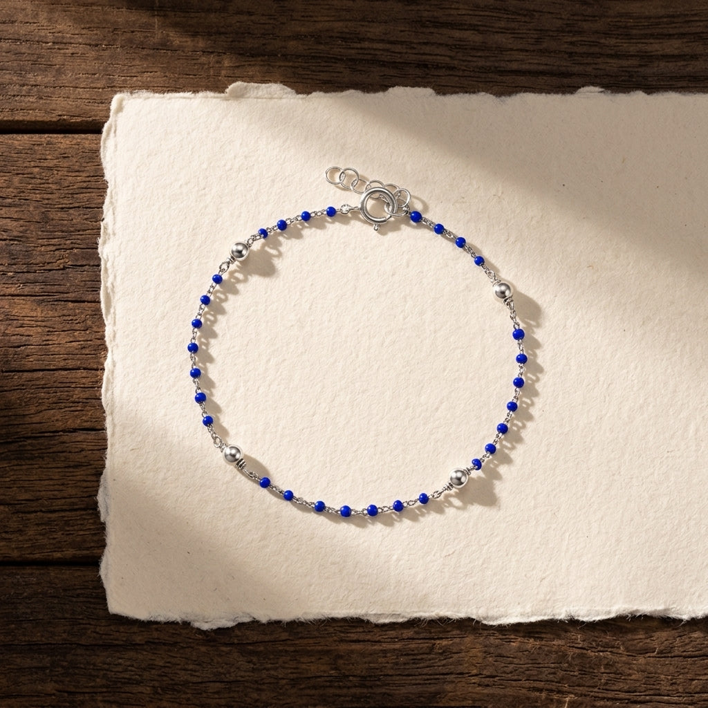 925 Sterling Silver Beaded Bracelet with Dark Blue Accents