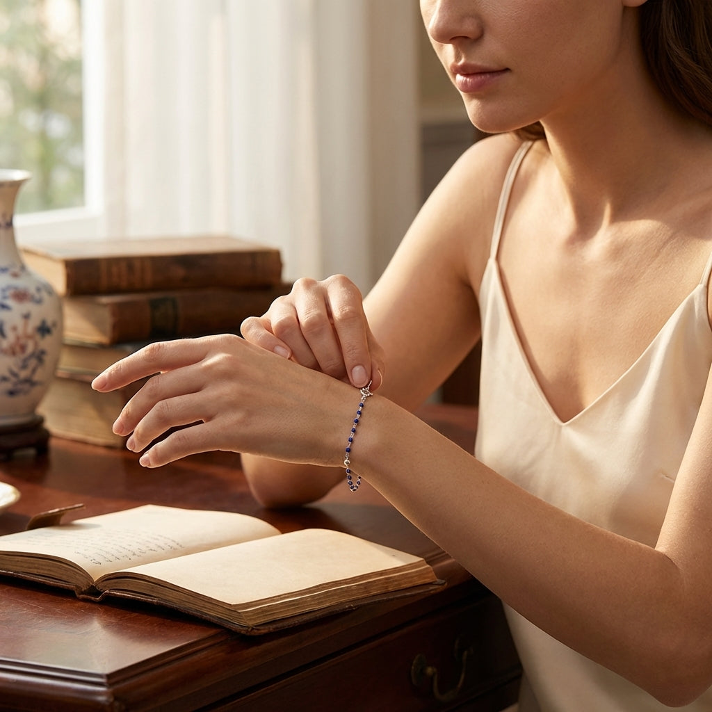 Pulsera de plata de ley con cuentas y detalles en azul oscuro