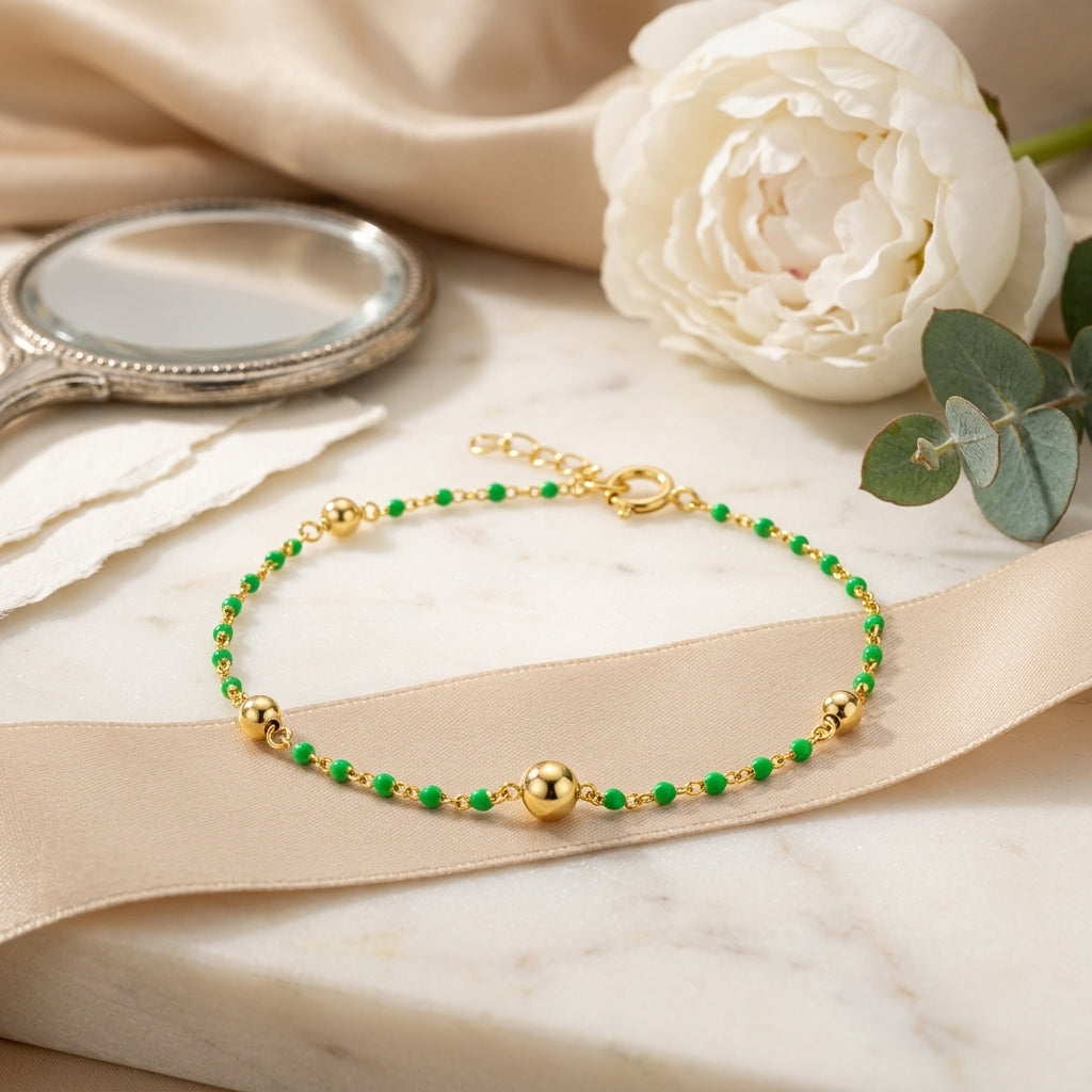 Sterling Silver Beaded Bracelet with Light Green Details