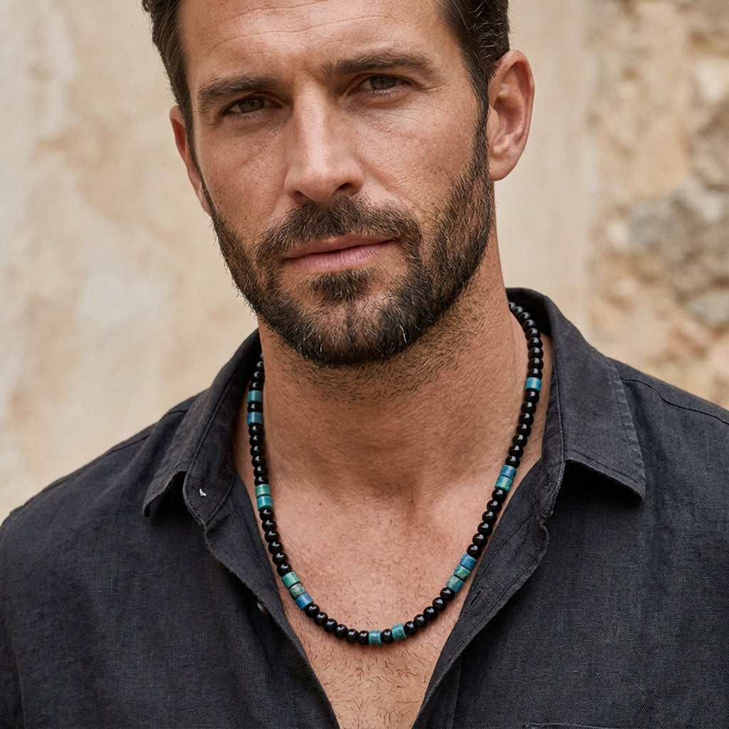 Blaze men’s black and sodalite bead necklace with stainless steel lobster clasp