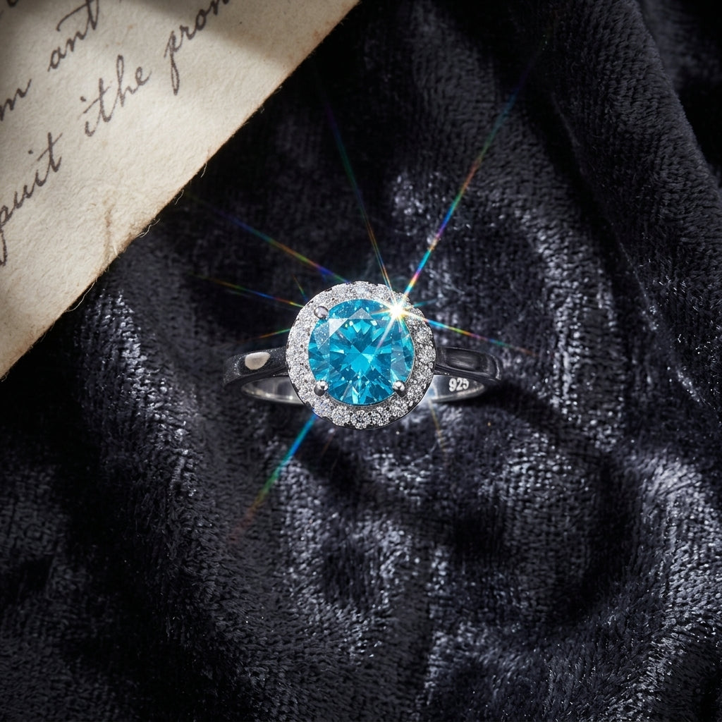Anillo de plata con topacio azul y circonitas cúbicas
