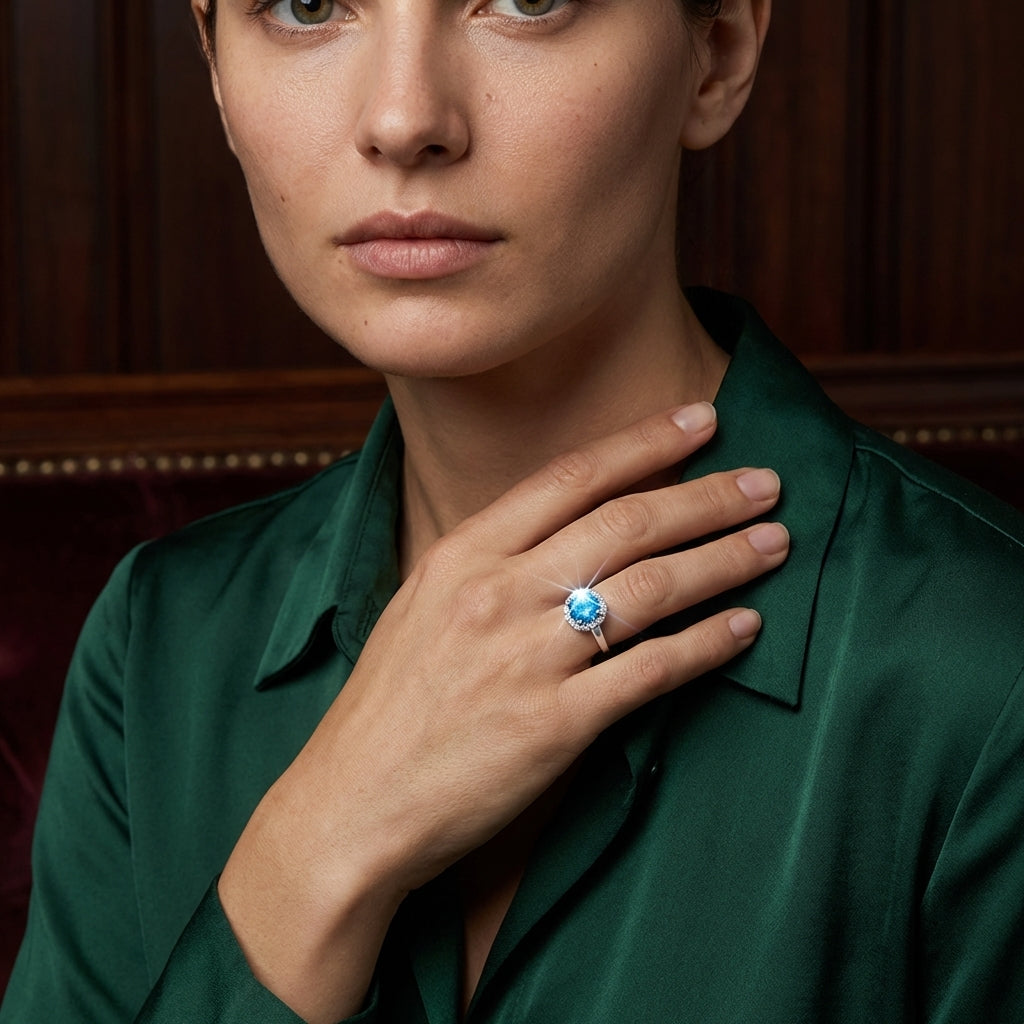 Anillo de plata con topacio azul y circonitas cúbicas